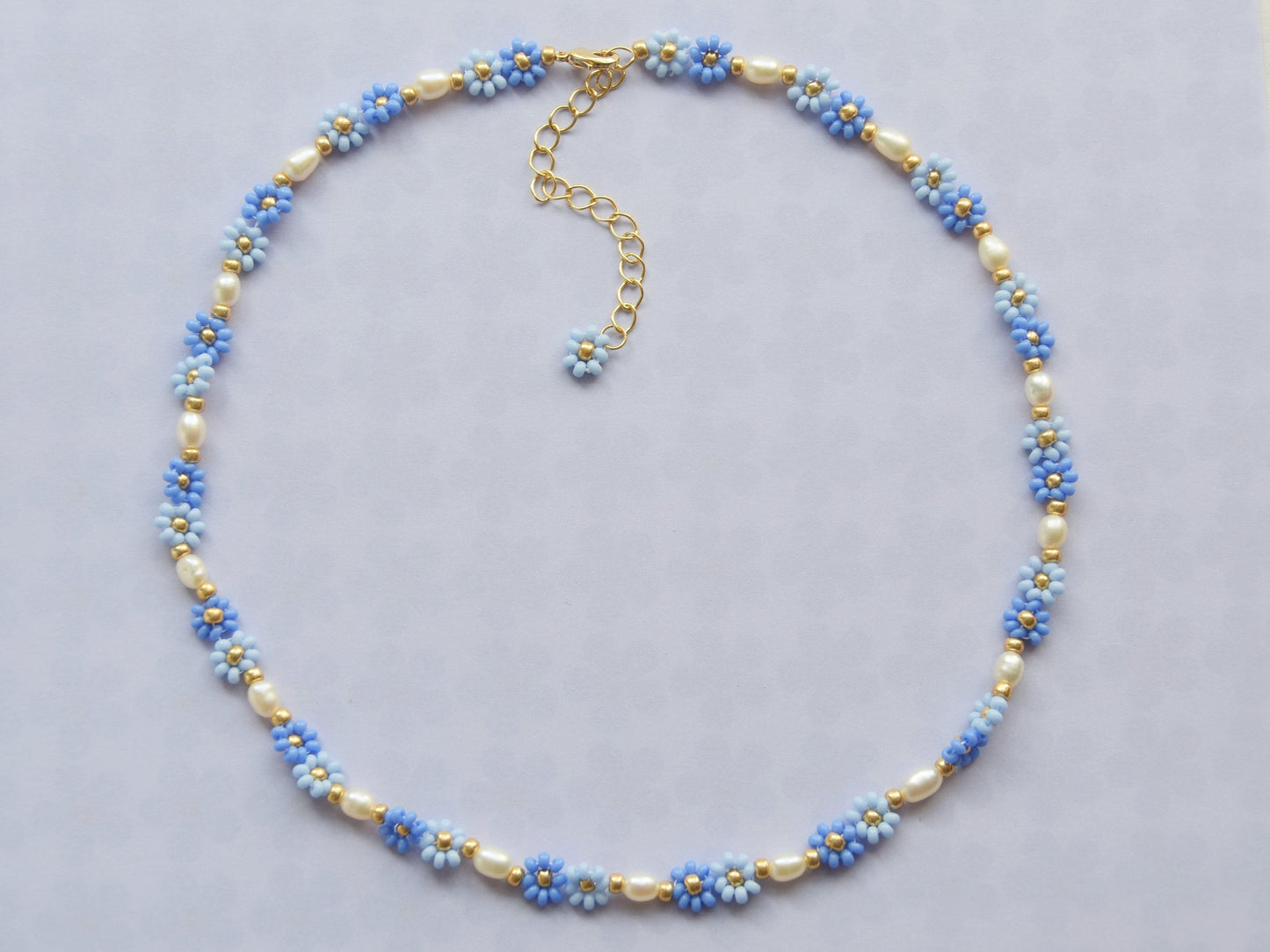 Blue beaded necklace for women, freshwater pearl necklace, choker necklace, daisy chain, flower necklace for bridesmaid, birthday gift