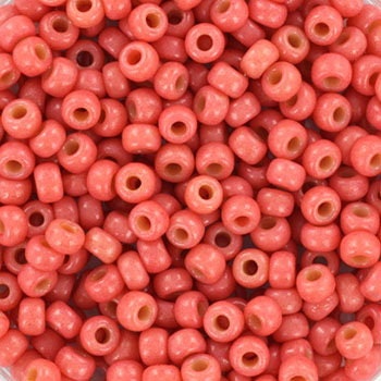 Miyuki duracaot opaque light watermelon seed beads, size 8/0. 3mm small round glass beads. Light red beads. Color code 4464.