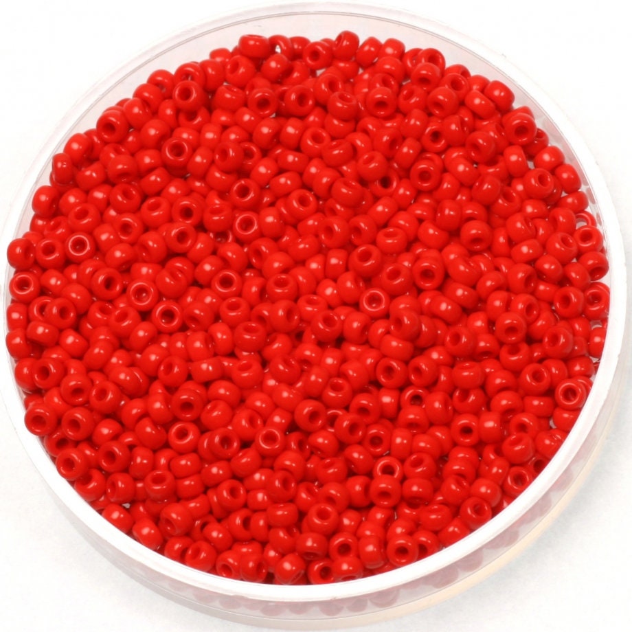 Opaque red Miyuki seed beads. Color code 408, size 11/0, 2mm size.