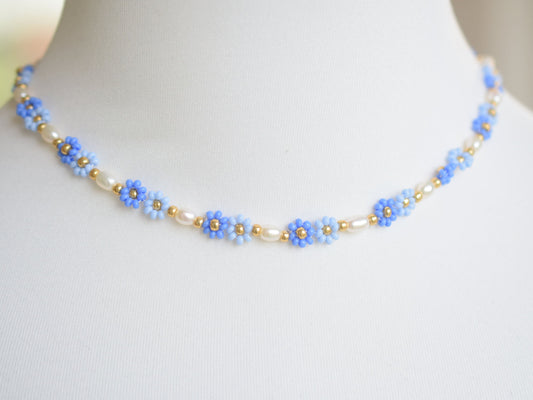 Blue beaded necklace for women, freshwater pearl necklace, choker necklace, daisy chain, flower necklace for bridesmaid, birthday gift