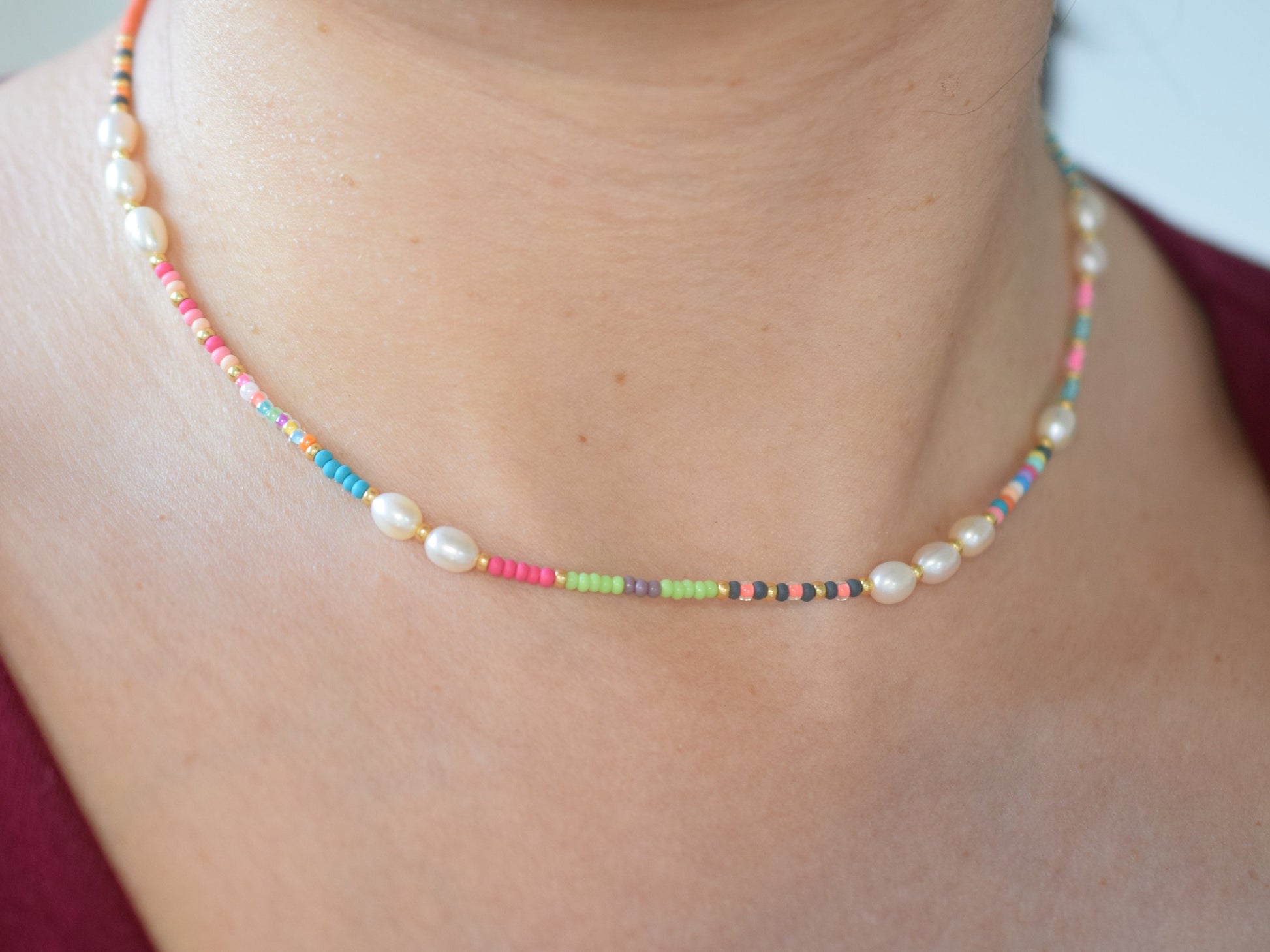 Colorful beaded necklace, freshwater pearl necklace, layering necklace, mixed beads, summer choker necklace, birthday gift for best friend