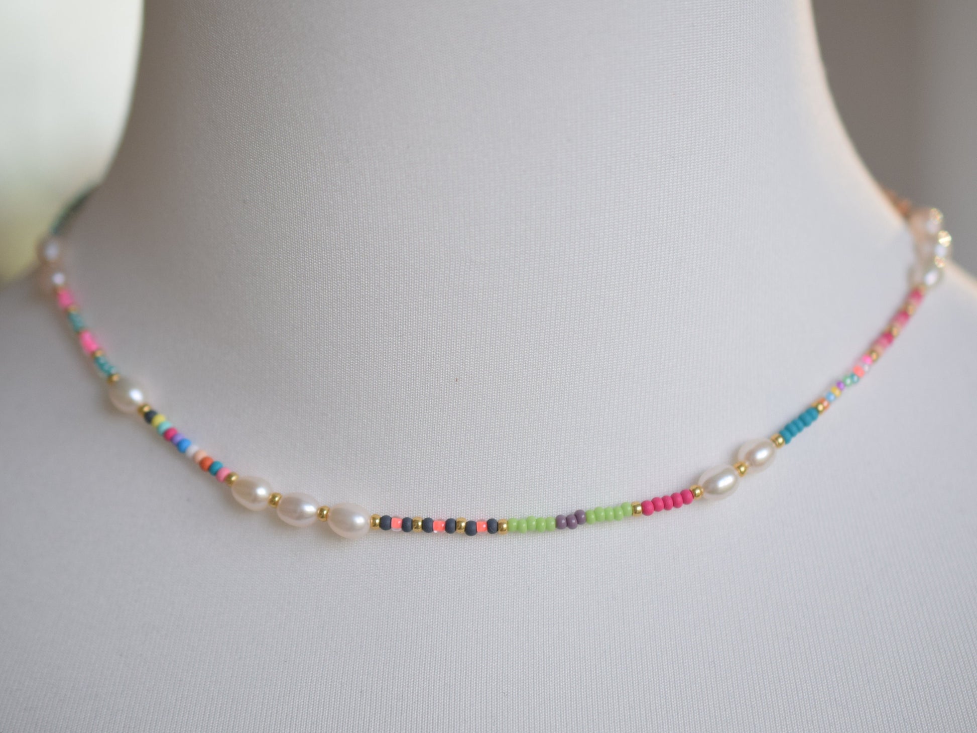 Colorful beaded necklace, freshwater pearl necklace, layering necklace, mixed beads, summer choker necklace, birthday gift for best friend