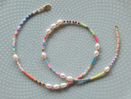 Colorful beaded necklace, freshwater pearl necklace, layering necklace, mixed beads, summer choker necklace, birthday gift for best friend