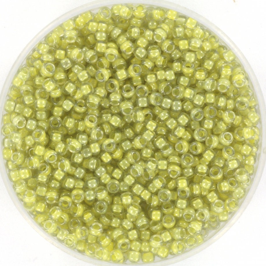 10g Miyuki seed beads 11/0, light olive lined crystal luster 378, japanese beads, transparent green rocailles, size 2mm, inside color