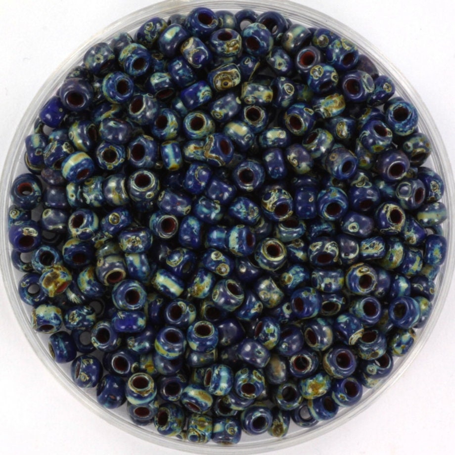 10g Miyuki seed beads 8/0, opaque picasso cobalt 4518, japanese beads, size 3mm, blue marbled, round rocailles, DIY jewelry supplies