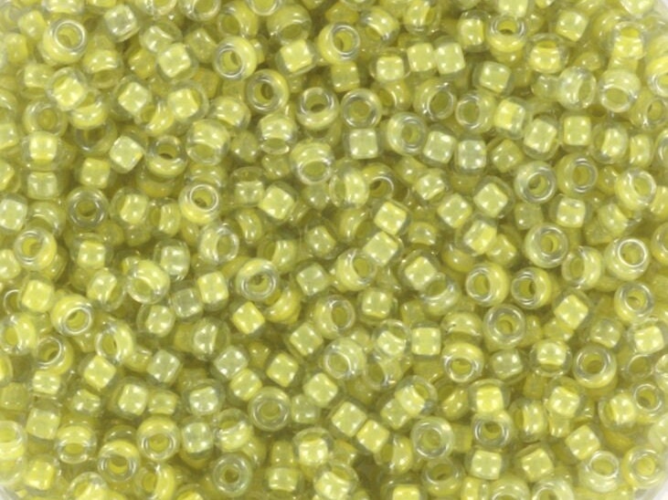 10g Miyuki seed beads 11/0, light olive lined crystal luster 378, japanese beads, transparent green rocailles, size 2mm, inside color