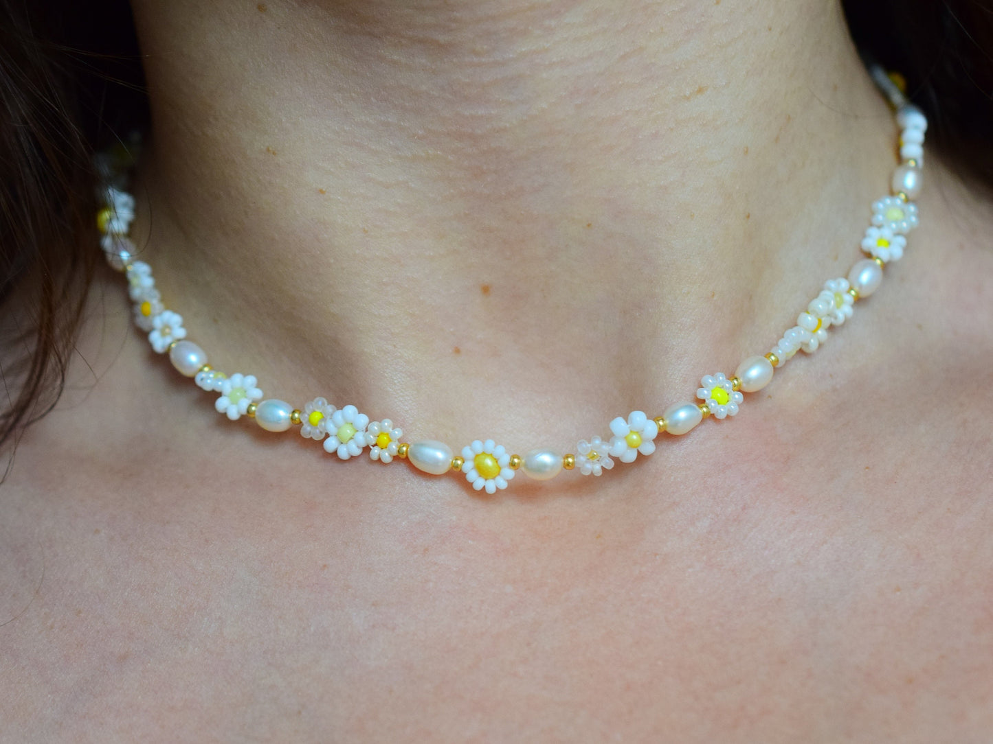 Flower necklace for women, Pearl necklace boho, choker necklace, white daisy, summer necklace, birthday gift for sister, romantic gifts