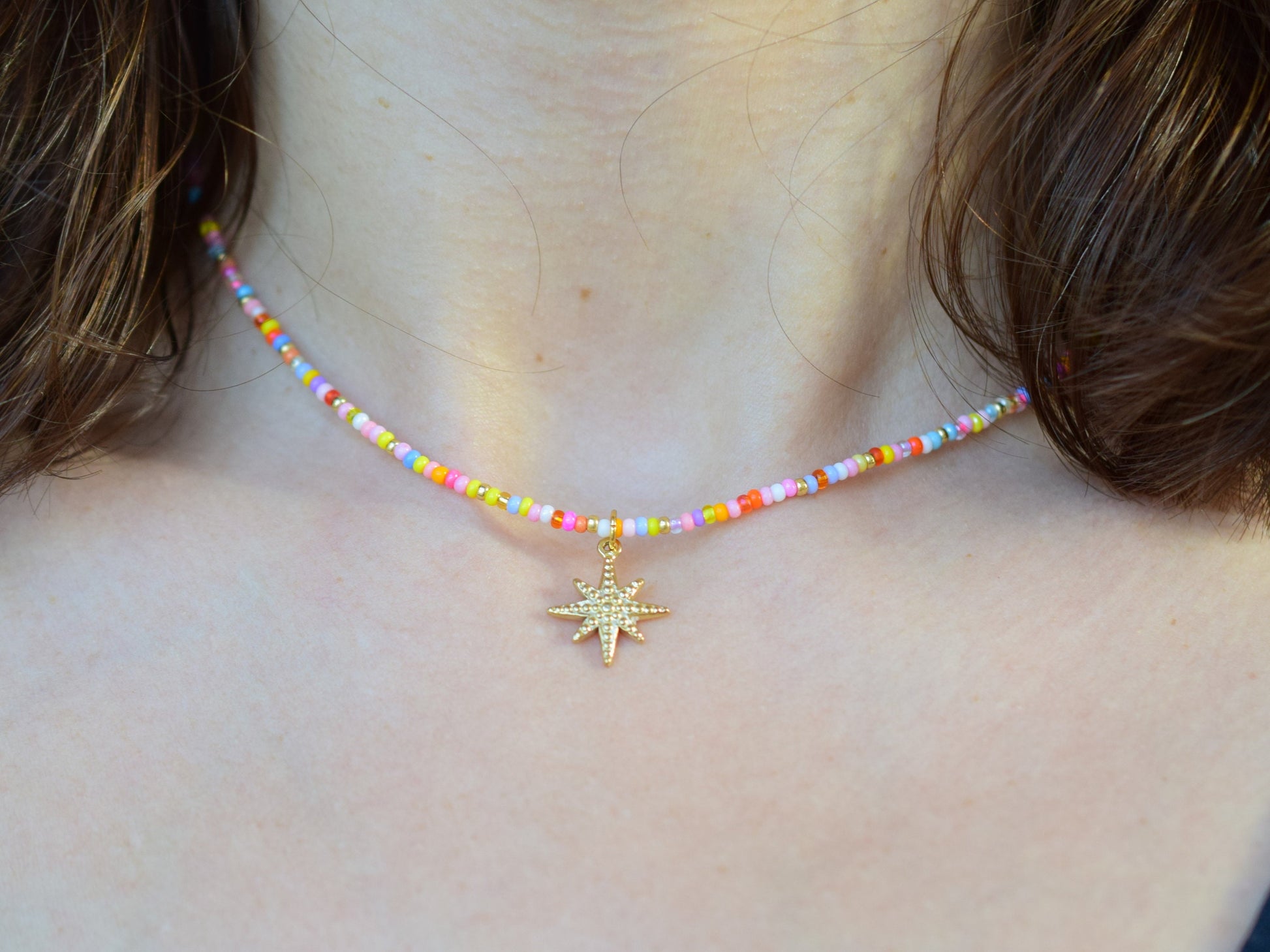 Northern star pendant necklace gold, beaded necklace with charm, seed bead necklace starburst, birthday gift for best friend, thin necklace