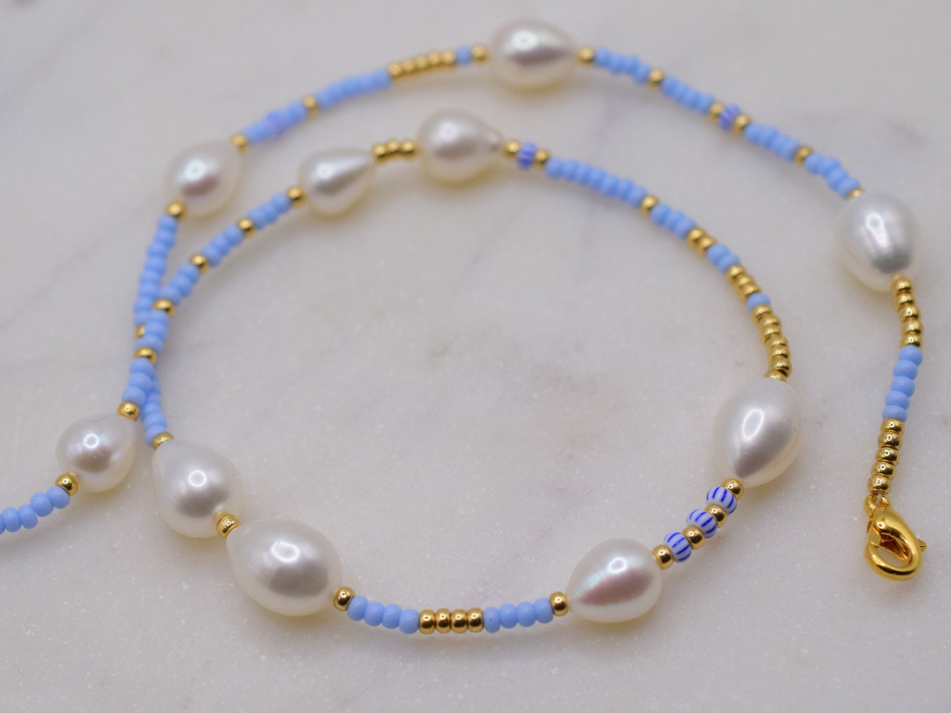 Blue beaded necklace for women, freshwater pearl necklace blue and gold, Valentines gift for her necklace, birthday gift for girlfriend