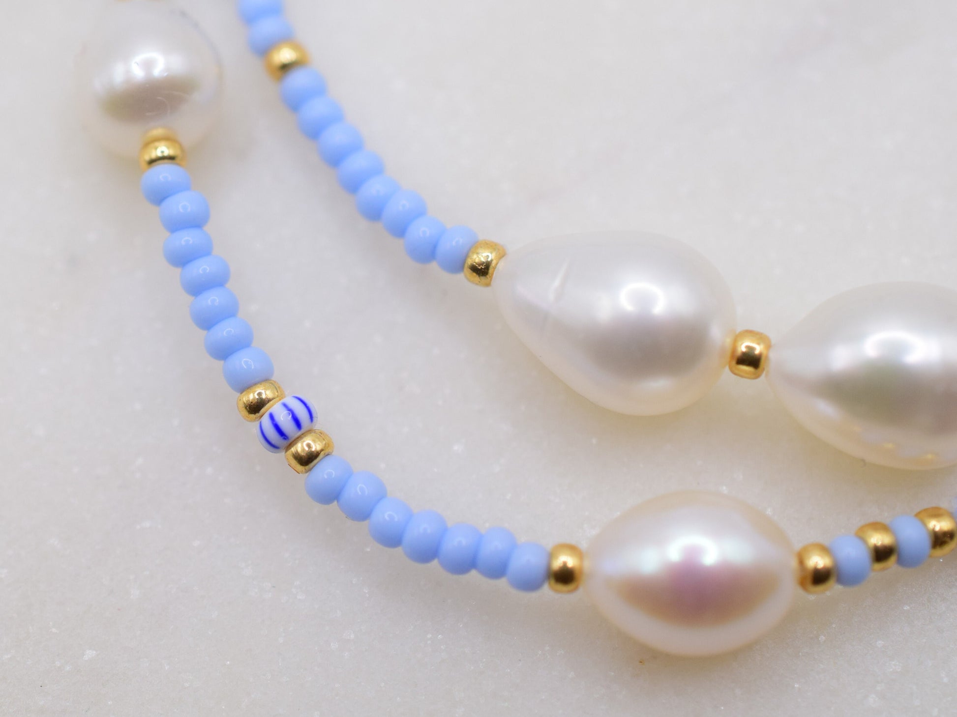 Blue beaded necklace for women, freshwater pearl necklace blue and gold, Valentines gift for her necklace, birthday gift for girlfriend