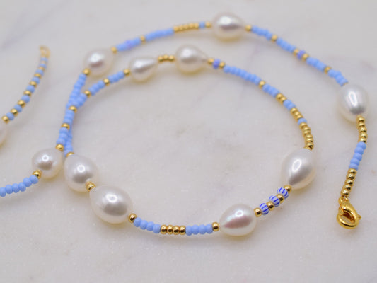 Blue beaded necklace for women, freshwater pearl necklace blue and gold, Valentines gift for her necklace, birthday gift for girlfriend