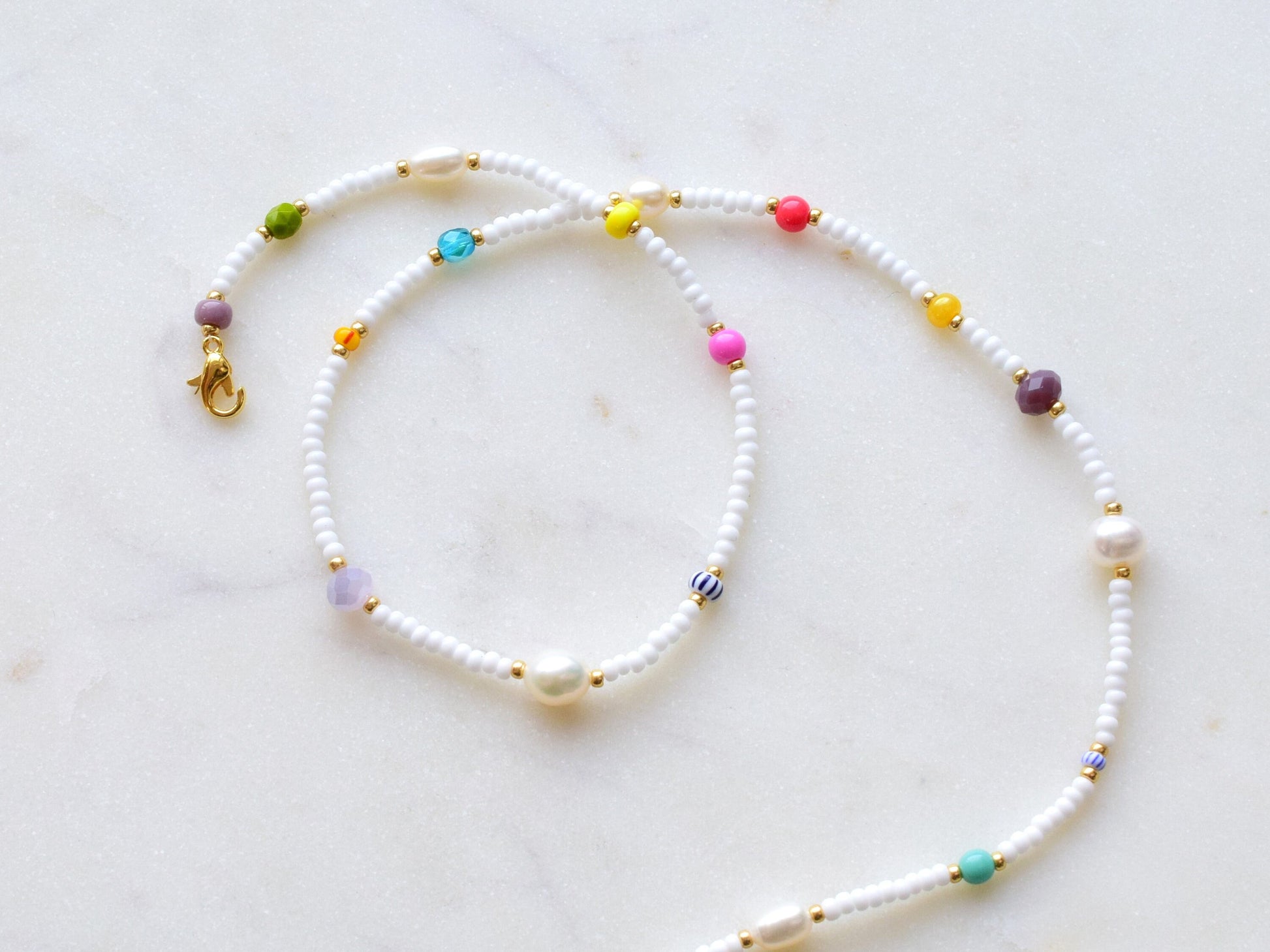 Colorful beaded pearl necklace, mixed bead necklace, Birthday gift best friend, Valentines gift for her necklace, white bead necklace