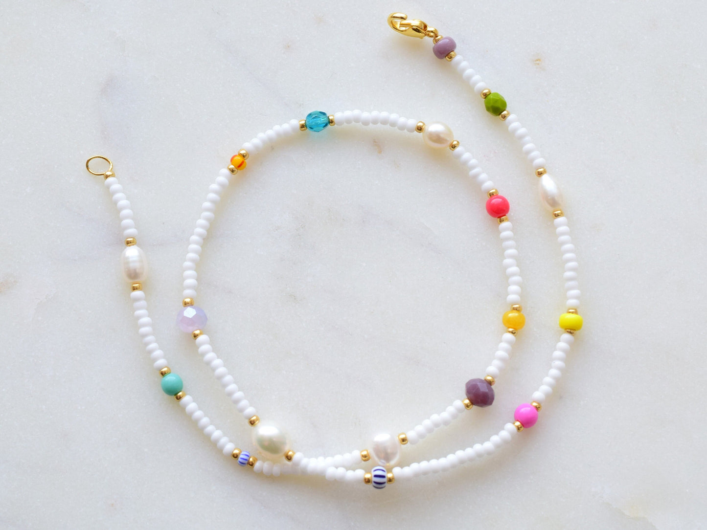 Colorful beaded pearl necklace, mixed bead necklace, Birthday gift best friend, Valentines gift for her necklace, white bead necklace