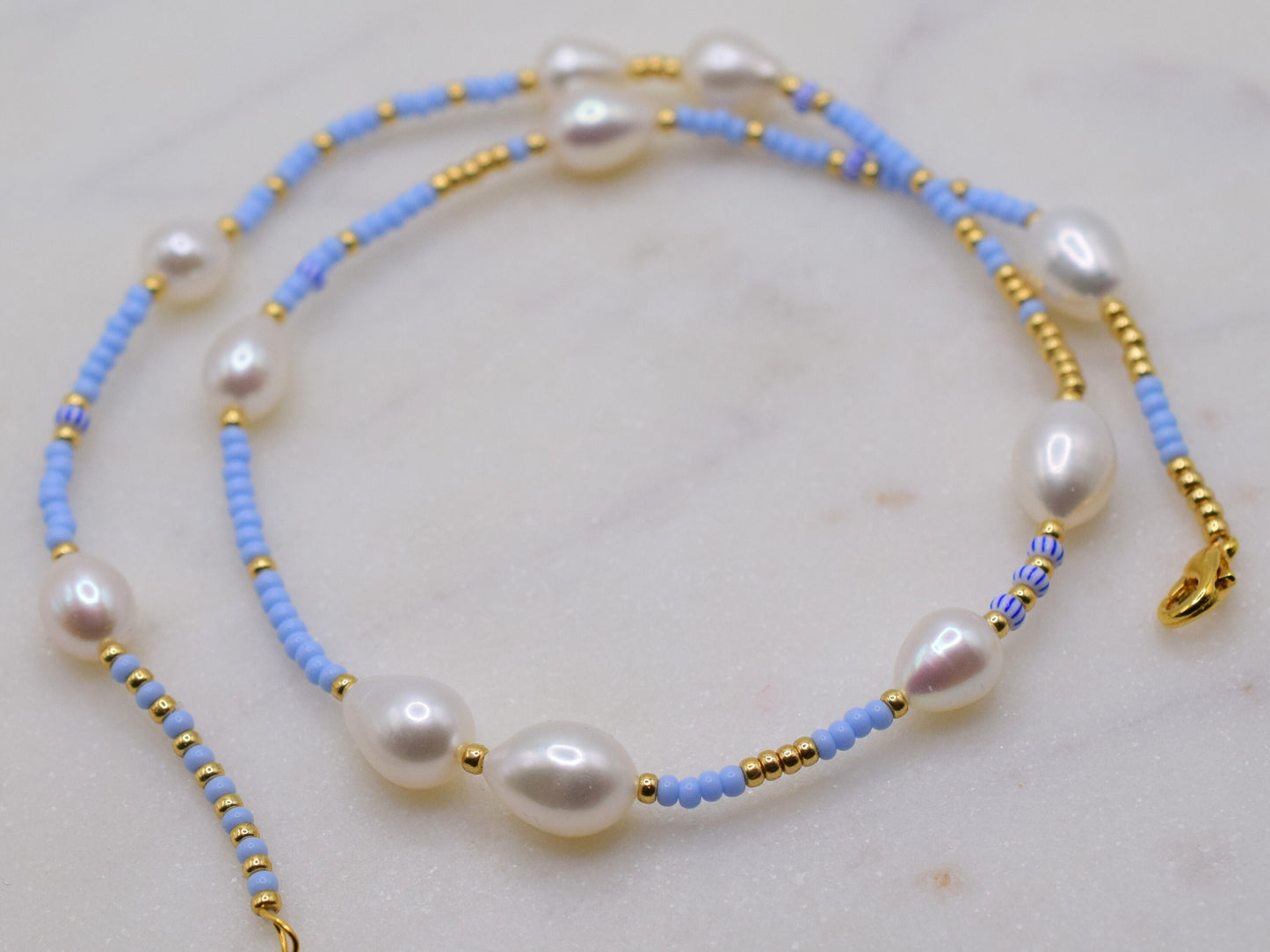 Blue beaded necklace for women, freshwater pearl necklace blue and gold, Valentines gift for her necklace, birthday gift for girlfriend