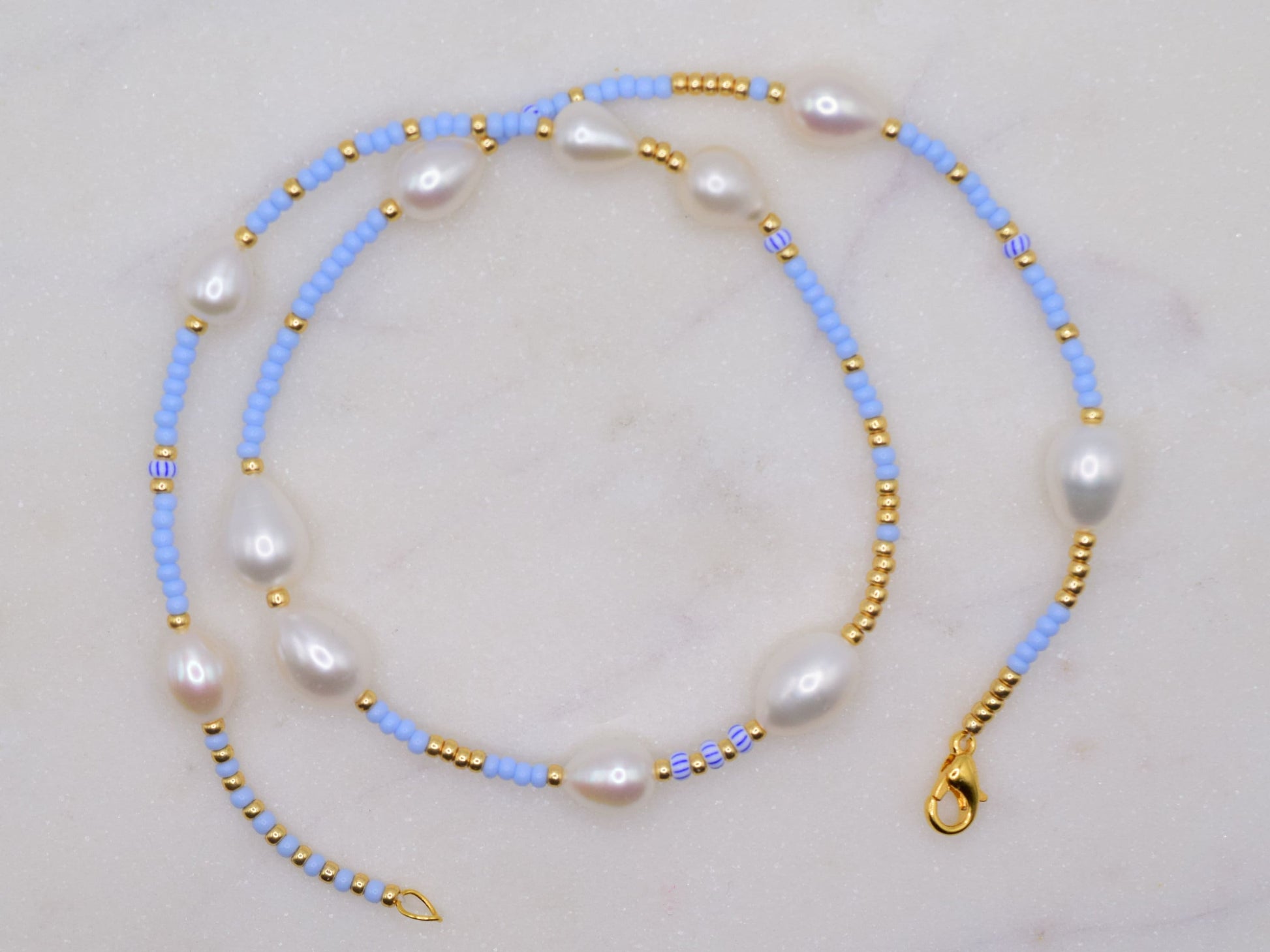 Blue beaded necklace for women, freshwater pearl necklace blue and gold, Valentines gift for her necklace, birthday gift for girlfriend