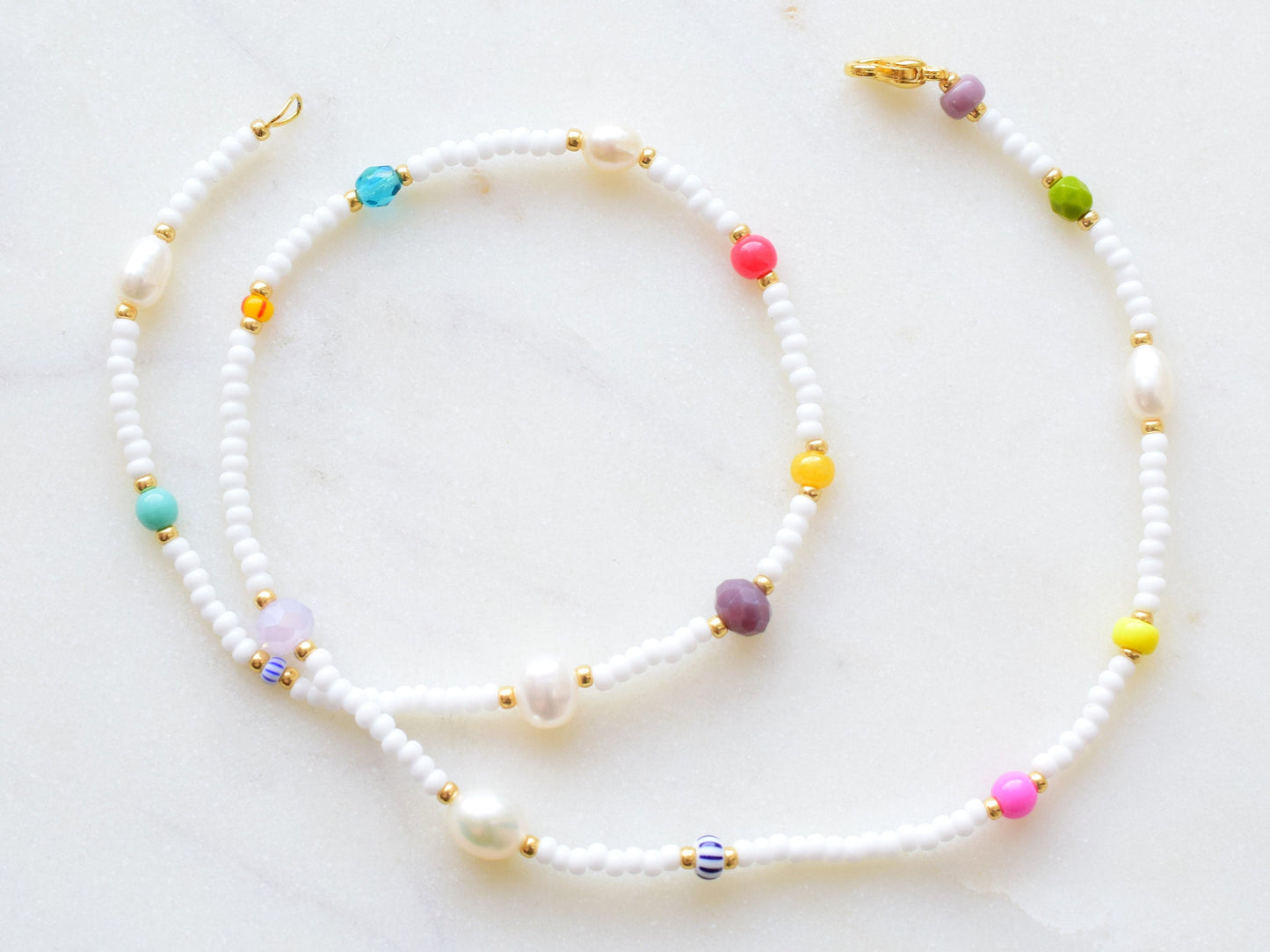 Colorful beaded pearl necklace, mixed bead necklace, Birthday gift best friend, Valentines gift for her necklace, white bead necklace