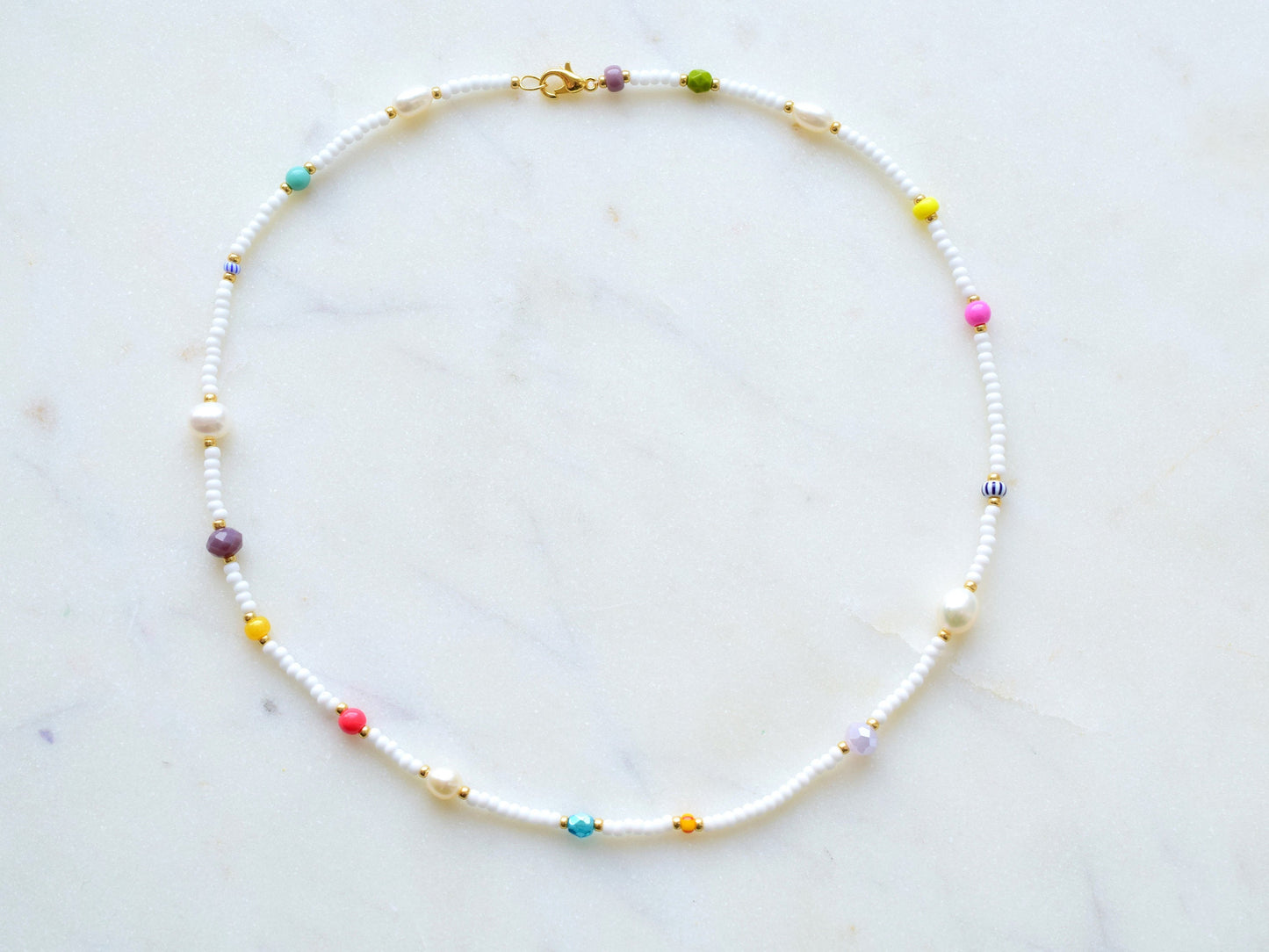 Colorful beaded pearl necklace, mixed bead necklace, Birthday gift best friend, Valentines gift for her necklace, white bead necklace