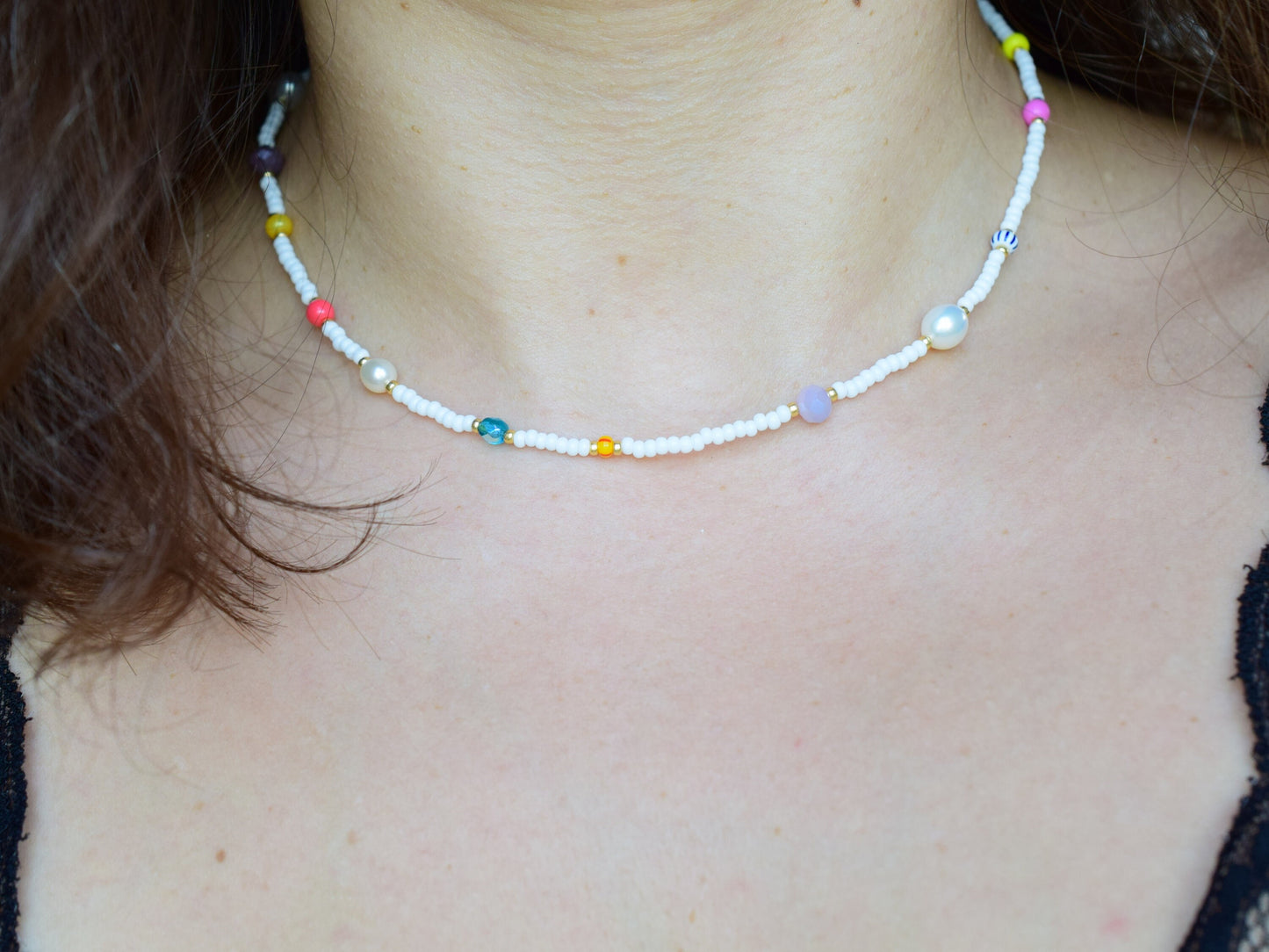 Colorful beaded pearl necklace, mixed bead necklace, Birthday gift best friend, Valentines gift for her necklace, white bead necklace