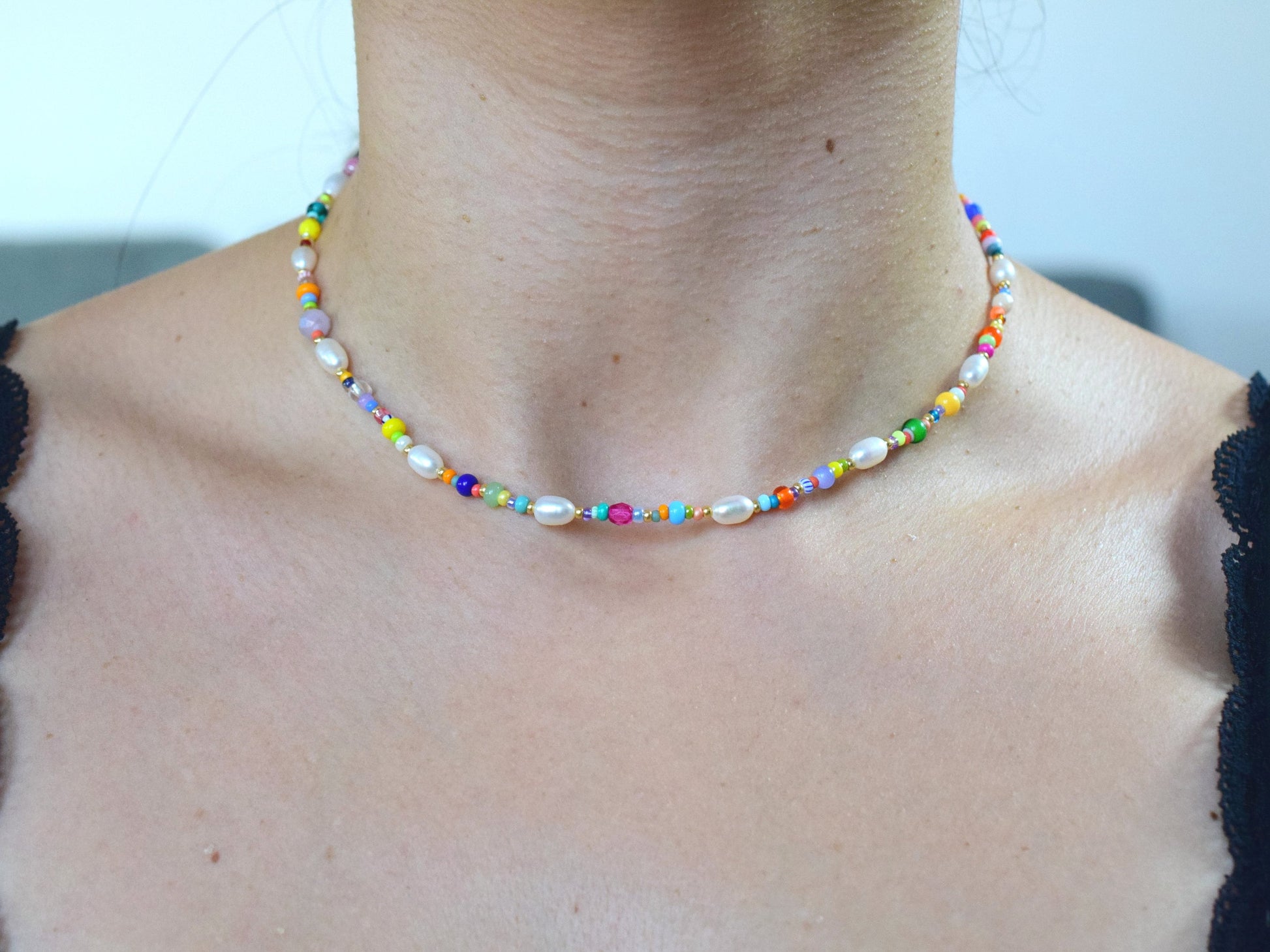 Colorful beaded necklace, freshwater pearl necklace, birthday gift for daughter, Valentines gift for her necklace, colorful summer jewellery