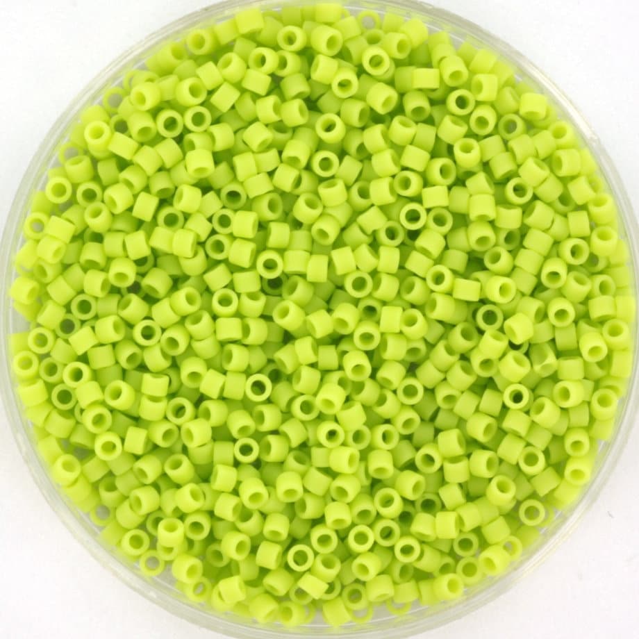 Miyuki Delica beads opaque matte chartreuse green, size 11/0, color DB763, cylindrical beads, opaque light green Miyuki, color DB 763