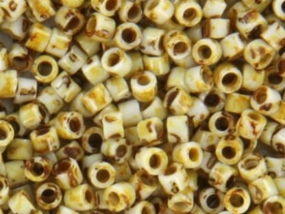 Miyuki Delica beads opaque picasso yellow, 5g 11/0 DB2262, cylindrical beads, marbled yellow, DB 2262, Delica opaque beige