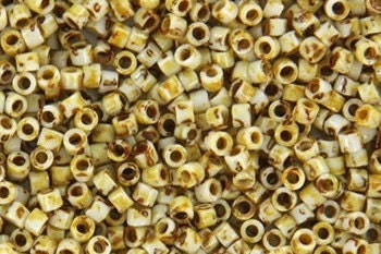 Miyuki Delica beads opaque picasso yellow, 5g 11/0 DB2262, cylindrical beads, marbled yellow, DB 2262, Delica opaque beige