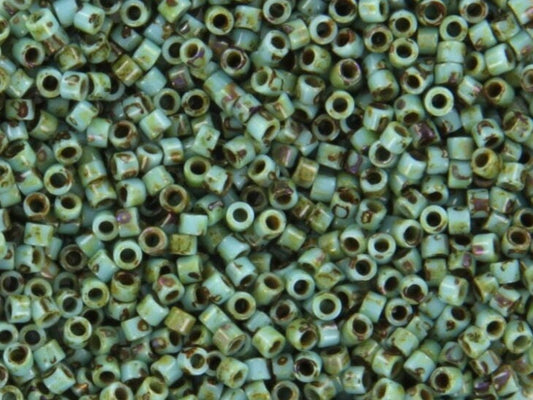 Miyuki Delica beads opaque picasso turquoise blue, 5g 11/0 DB2264, cylindrical beads, marbled teal, DB 2264, Delica opaque green