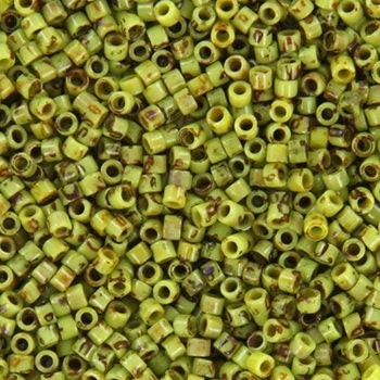 Miyuki Delica beads opaque picasso chartreuse green, 5g 11/0 DB2265, cylindrical beads, marbled green, DB 2265, Delica opaque green