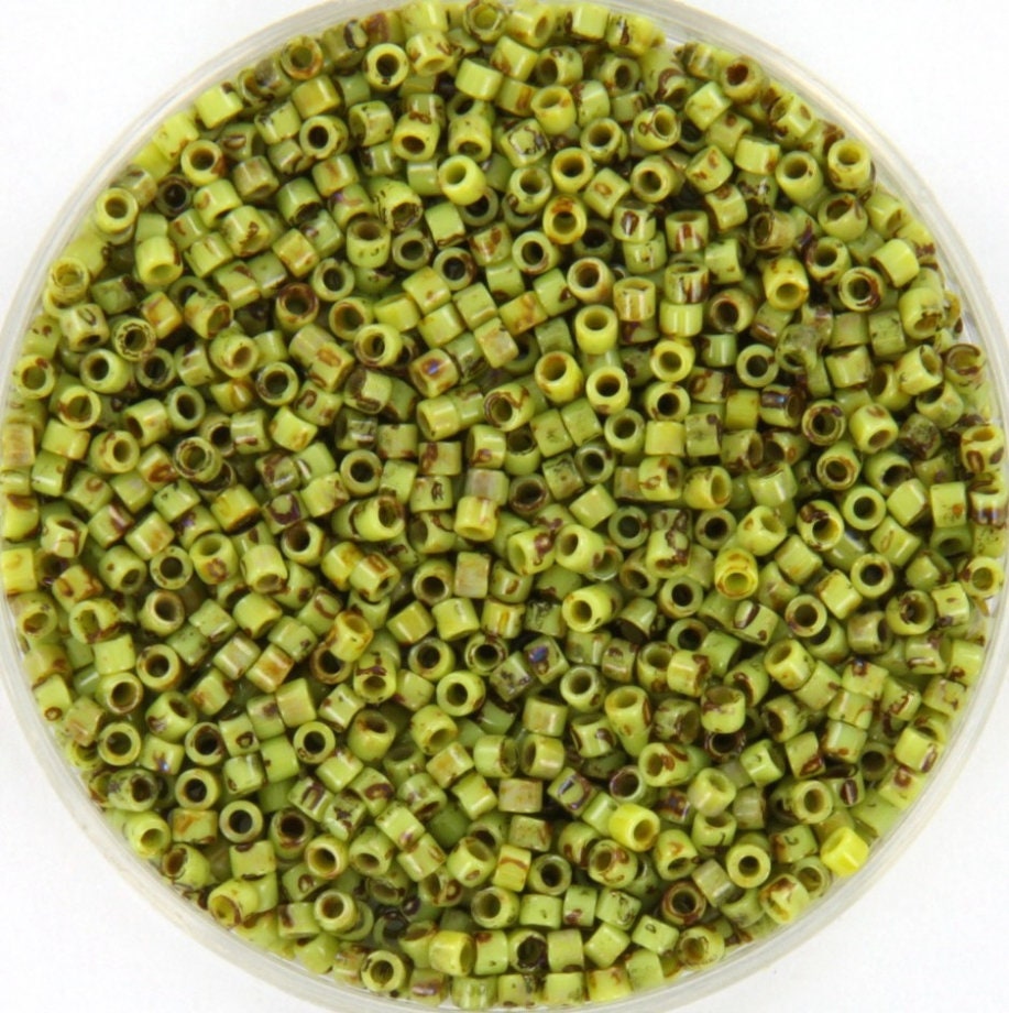 Miyuki Delica beads opaque picasso chartreuse green, 5g 11/0 DB2265, cylindrical beads, marbled green, DB 2265, Delica opaque green