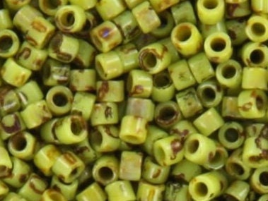 Miyuki Delica beads opaque picasso chartreuse green, 5g 11/0 DB2265, cylindrical beads, marbled green, DB 2265, Delica opaque green