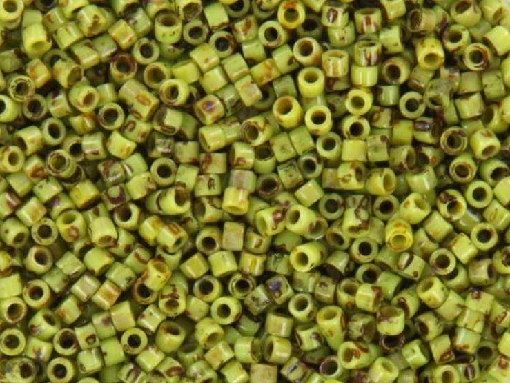 Miyuki Delica beads opaque picasso chartreuse green, 5g 11/0 DB2265, cylindrical beads, marbled green, DB 2265, Delica opaque green