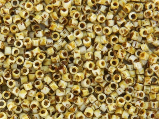 Miyuki Delica beads opaque picasso yellow, 5g 11/0 DB2262, cylindrical beads, marbled yellow, DB 2262, Delica opaque beige