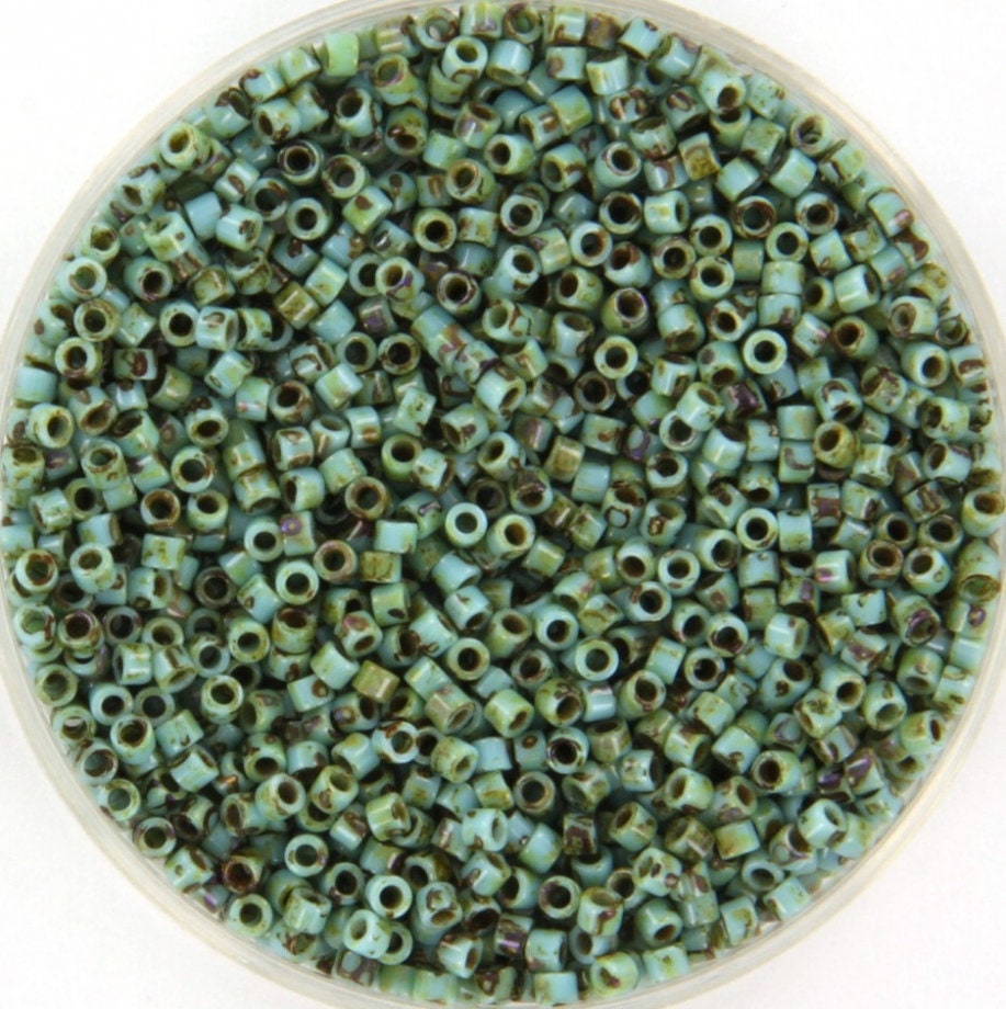 Miyuki Delica beads opaque picasso turquoise blue, 5g 11/0 DB2264, cylindrical beads, marbled teal, DB 2264, Delica opaque green