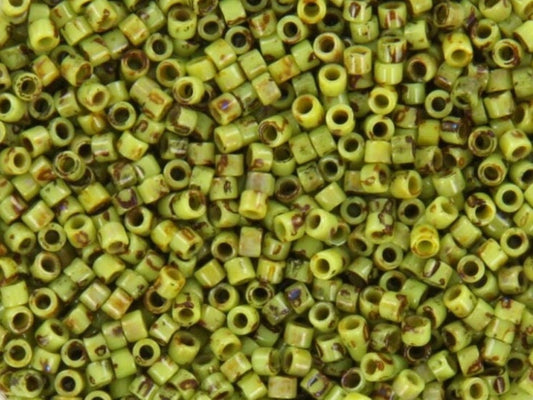 Miyuki Delica beads opaque picasso chartreuse green, 5g 11/0 DB2265, cylindrical beads, marbled green, DB 2265, Delica opaque green