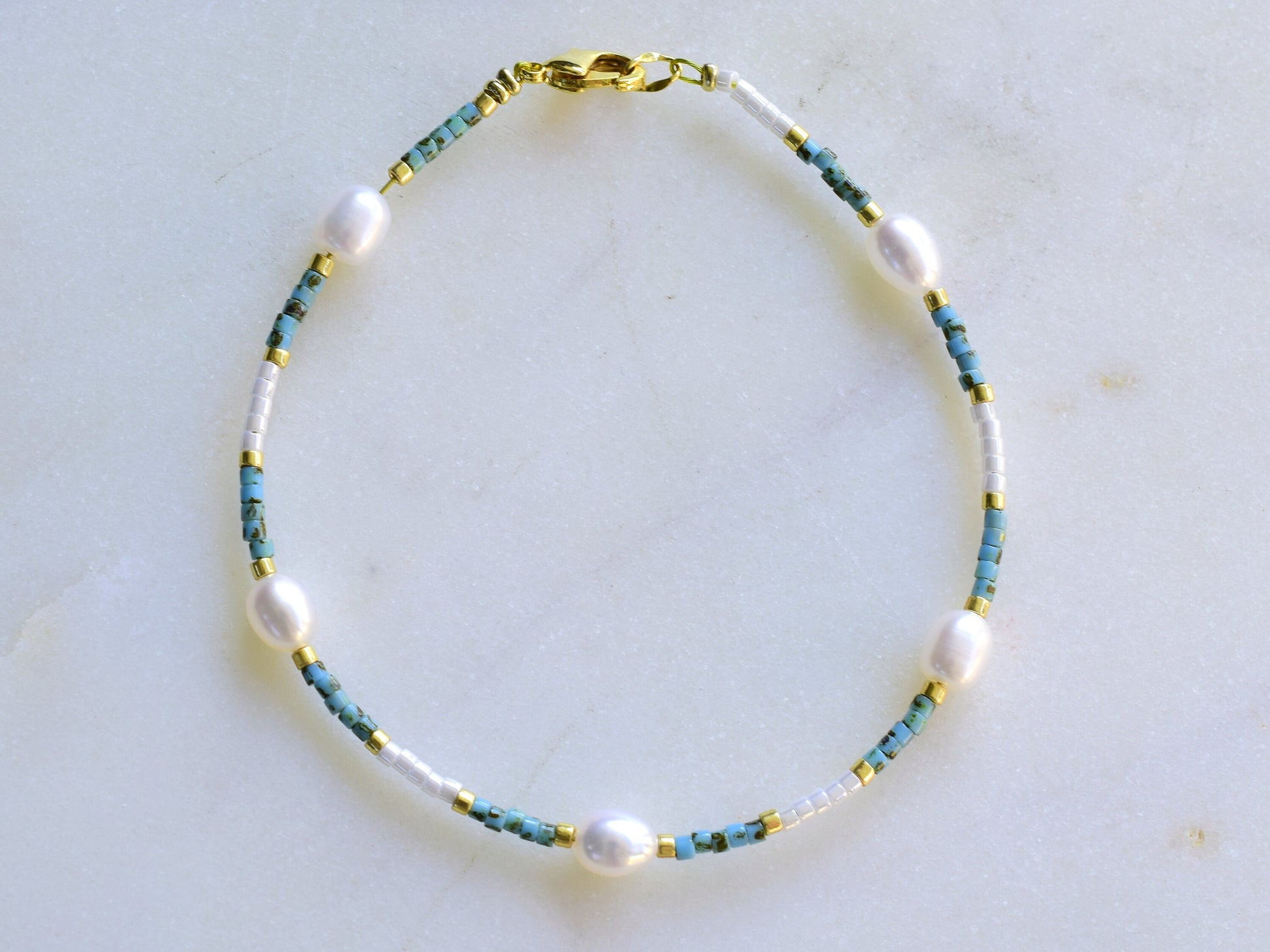 Freshwater pearl bracelet,white and turquoise, Miyuki bracelet thin, birthday gift for girlfriend, Valentine bracelet gift