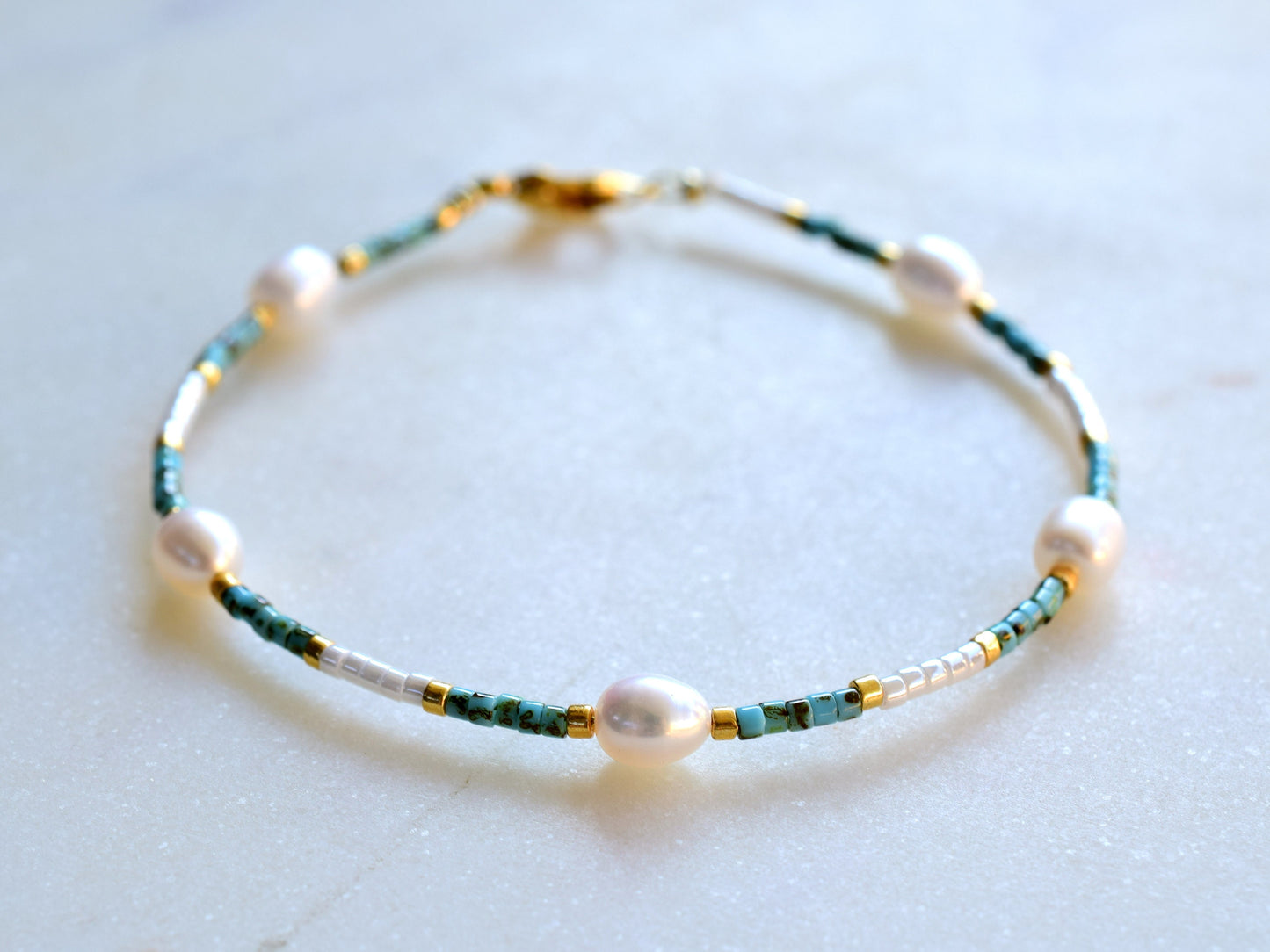 Freshwater pearl bracelet,white and turquoise, Miyuki bracelet thin, birthday gift for girlfriend, Valentine bracelet gift