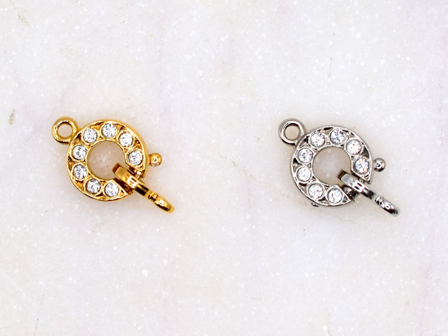 Spring clasp for jewelry, gold plated spring clasp with white stones, 8mm spring clasp silver plated, Elegant Elements clasp