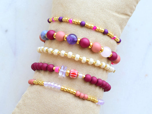 Beaded bracelets stack pink, bracelet set gold, colorful bracelet beads, birthday gift for her jewelry, red bracelet women, mixed beads