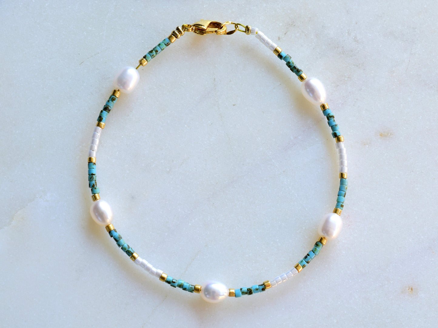 Freshwater pearl bracelet,white and turquoise, Miyuki bracelet thin, birthday gift for girlfriend, Valentine bracelet gift