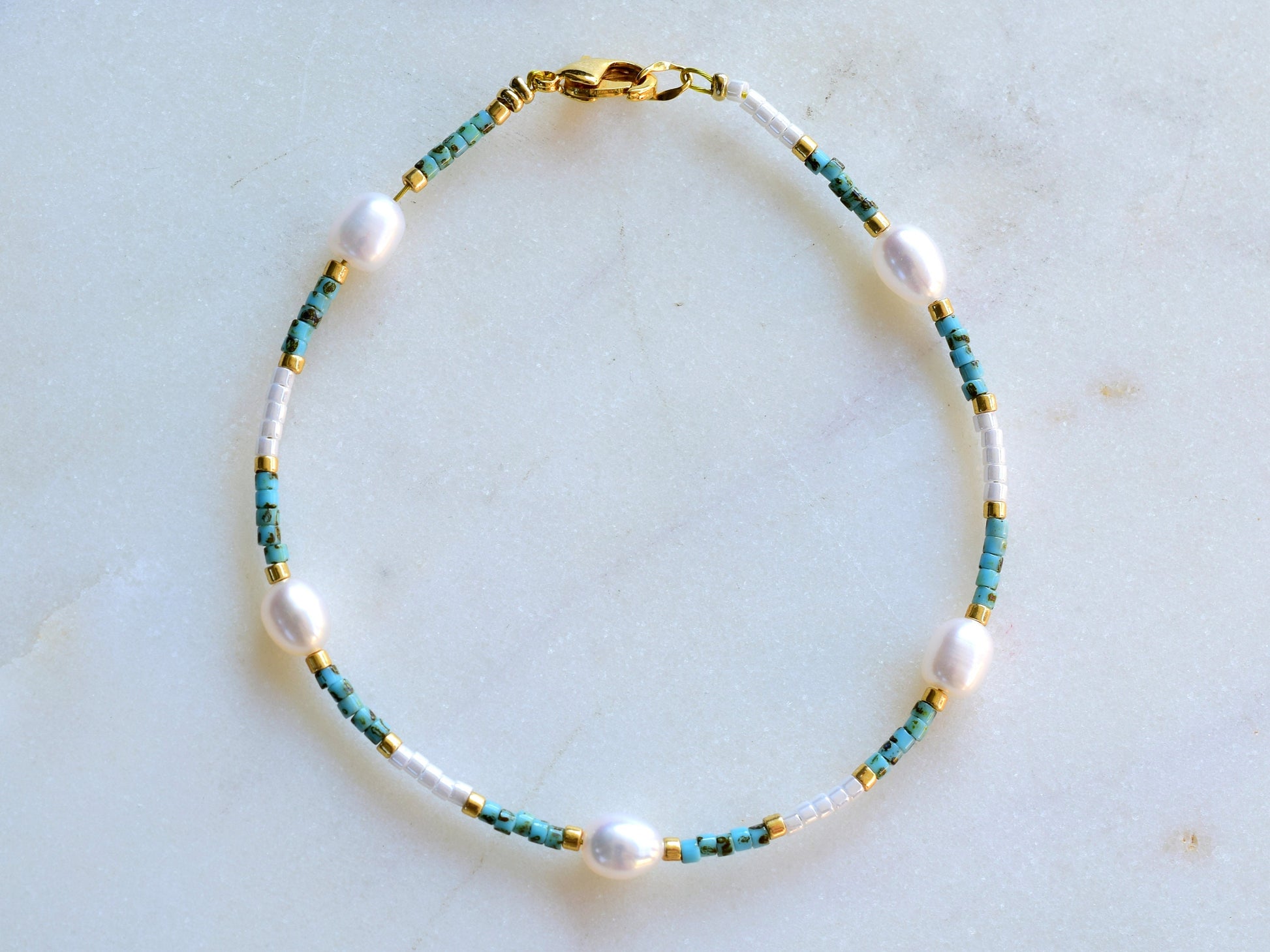 Freshwater pearl bracelet,white and turquoise, Miyuki bracelet thin, birthday gift for girlfriend, Valentine bracelet gift