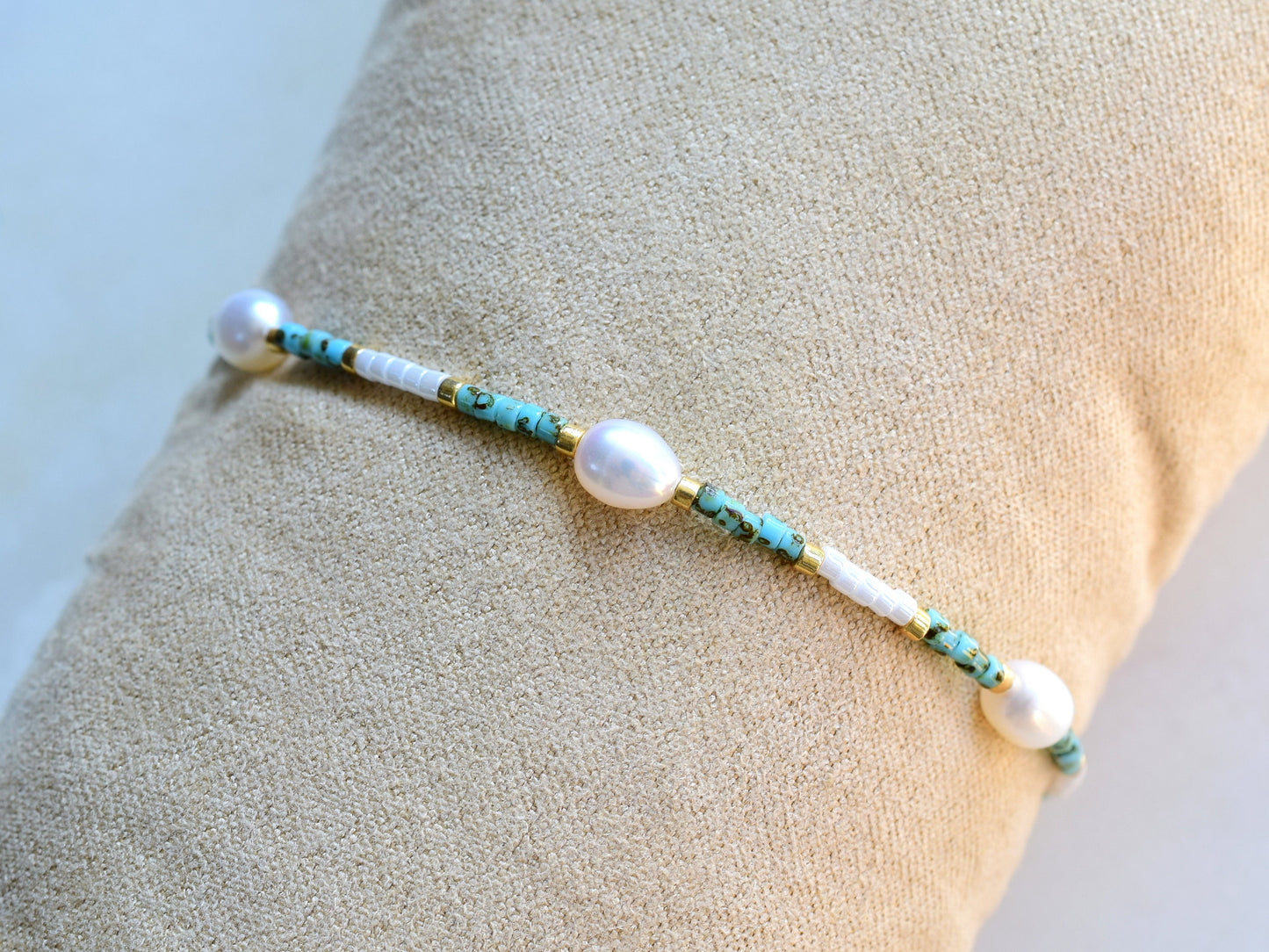 Freshwater pearl bracelet,white and turquoise, Miyuki bracelet thin, birthday gift for girlfriend, Valentine bracelet gift