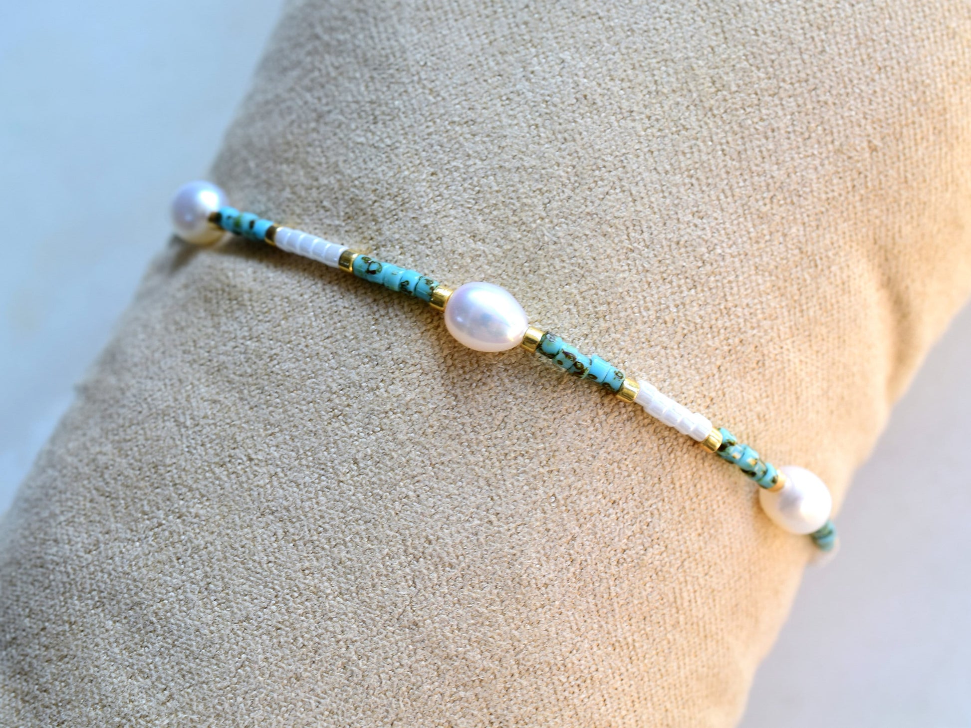 Freshwater pearl bracelet,white and turquoise, Miyuki bracelet thin, birthday gift for girlfriend, Valentine bracelet gift