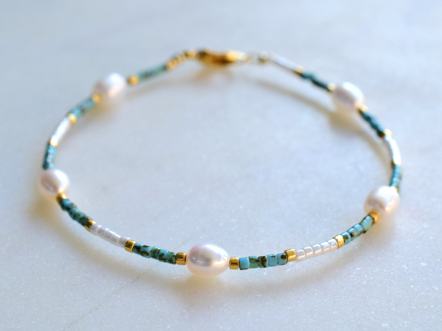 Freshwater pearl bracelet,white and turquoise, Miyuki bracelet thin, birthday gift for girlfriend, Valentine bracelet gift