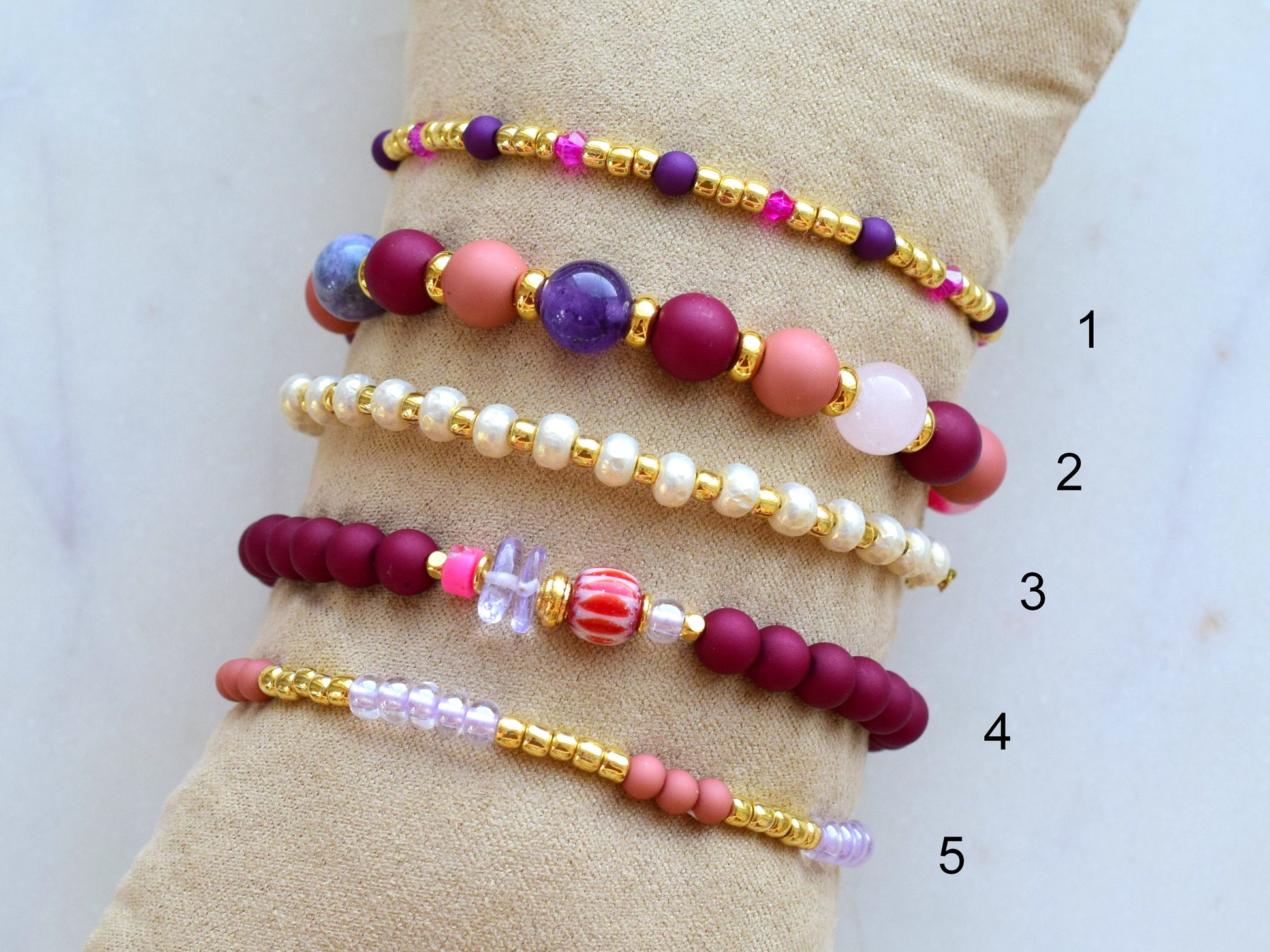 Beaded bracelets stack pink, bracelet set gold, colorful bracelet beads, birthday gift for her jewelry, red bracelet women, mixed beads