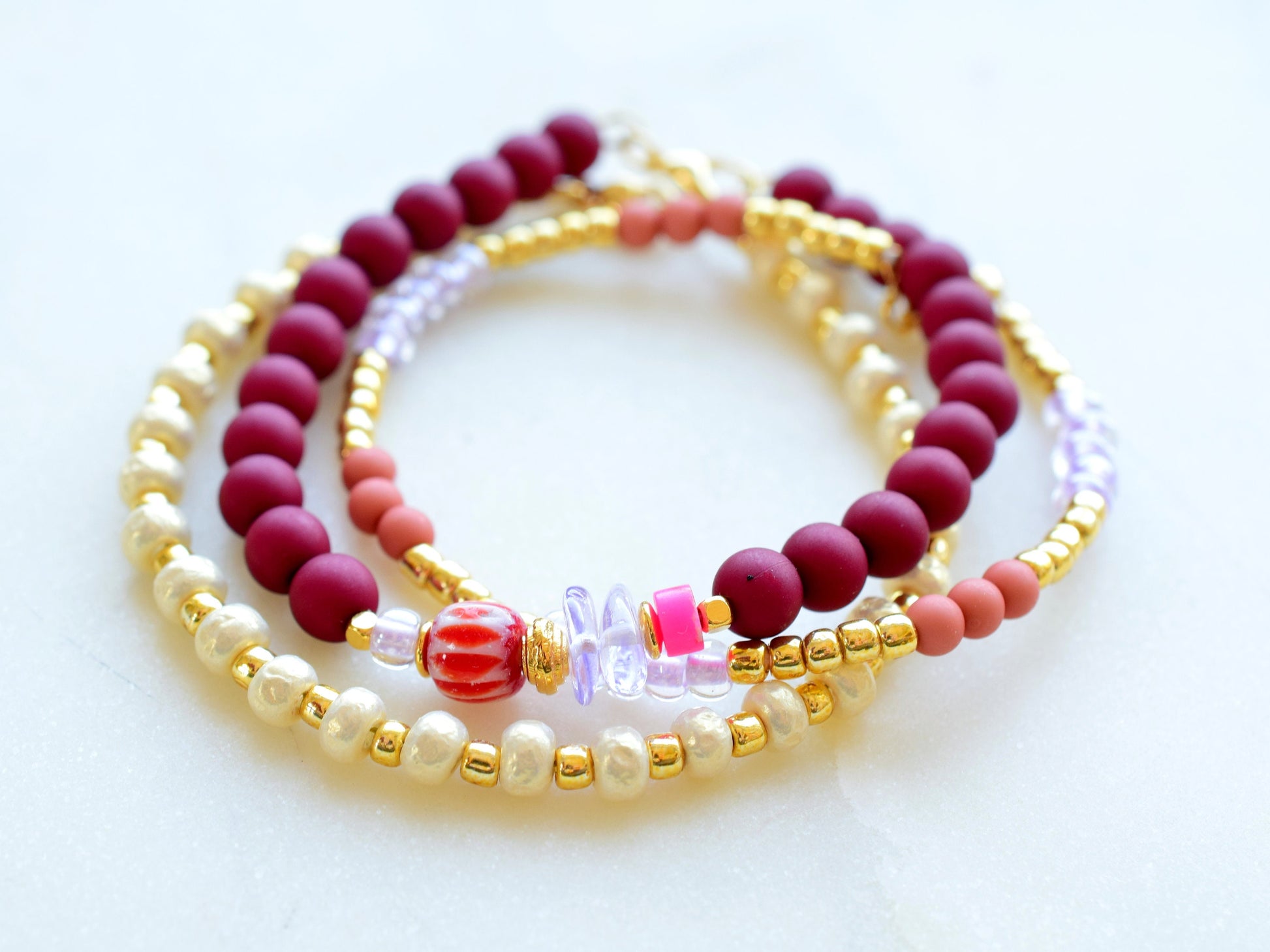 Beaded bracelets stack pink, bracelet set gold, colorful bracelet beads, birthday gift for her jewelry, red bracelet women, mixed beads