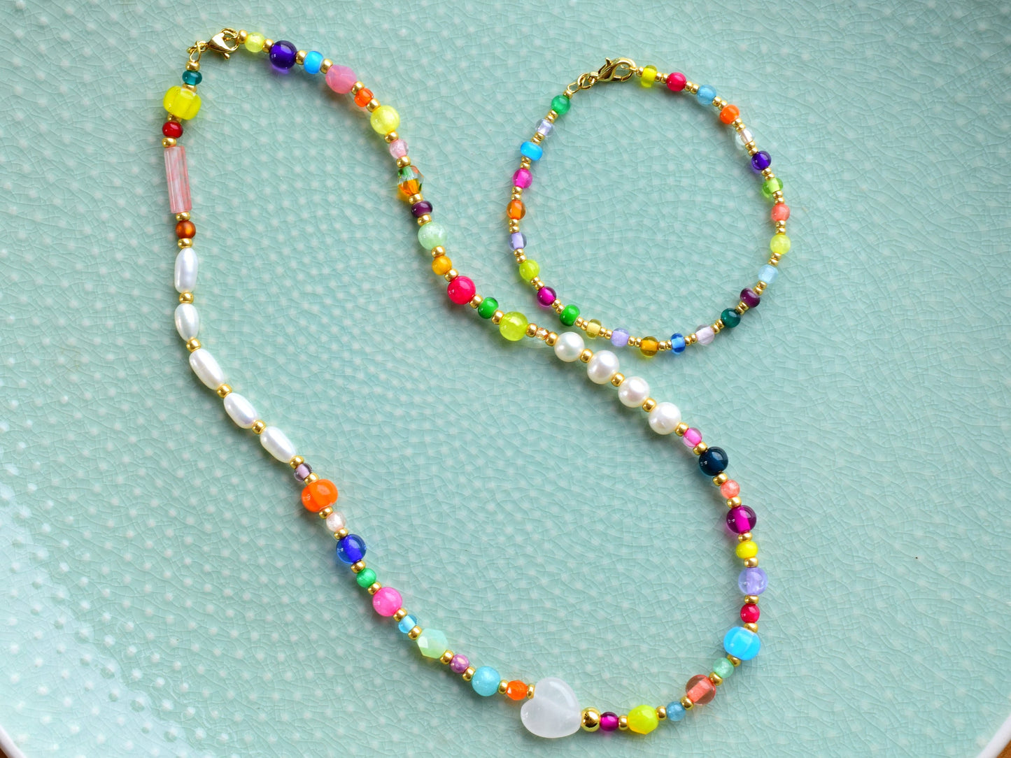 Colorful necklace beads, freshwater pearls, heart necklace with beads, rose quartz necklace, birthday gift for girlfriend, Valentines gift