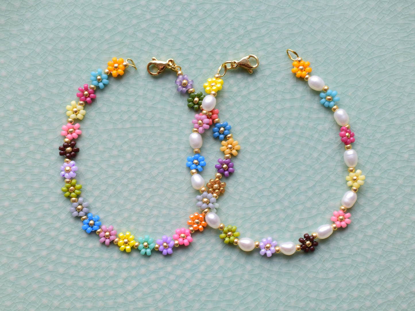 Colorful bead and pearl bracelet, daisy flower bracelet, freshwater pearl bracelet, Valentine bracelet gift, friendship bracelet