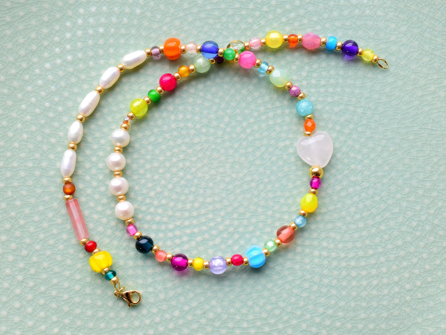 Colorful necklace beads, freshwater pearls, heart necklace with beads, rose quartz necklace, birthday gift for girlfriend, Valentines gift