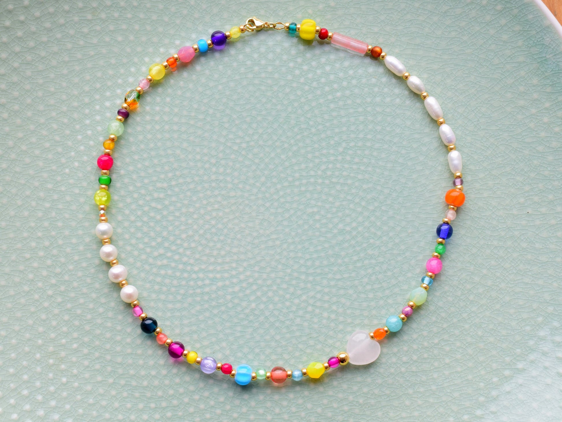 Colorful necklace beads, freshwater pearls, heart necklace with beads, rose quartz necklace, birthday gift for girlfriend, Valentines gift