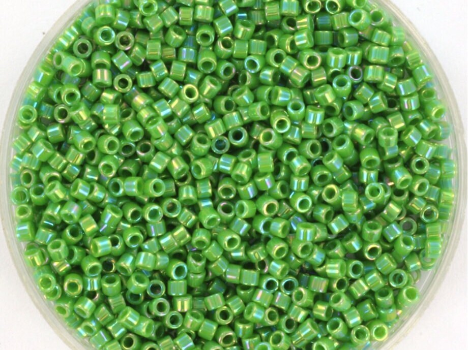 Miyuki Delica beads opaque ab green, 5g 11/0 color DB 163, cylindrical beads, Delica beads DB164, luster green